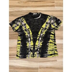 Valentino VLTN Tie Dye T-Shirt Mens Black Neon Yellow Logo Patch Made in Italy
